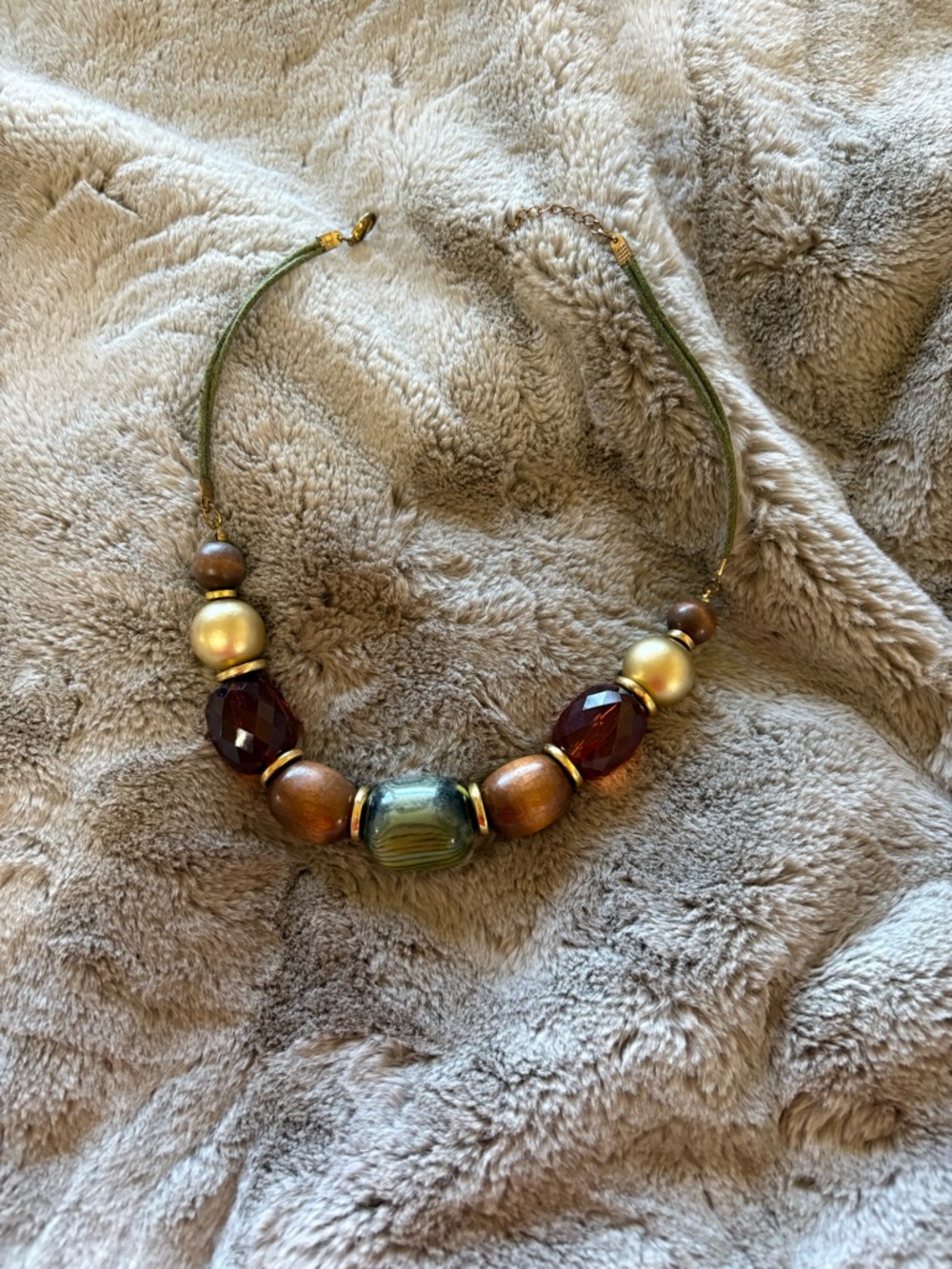 Source Unknown Green, Brown & Gold Statement Bead Necklace
